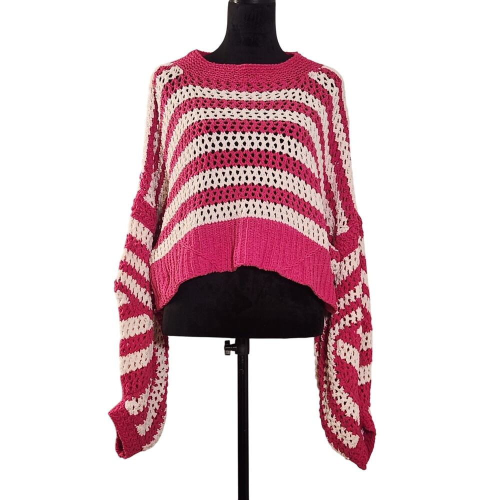 POL Pink and White Chenille Crocheted Sweater, Size Large
